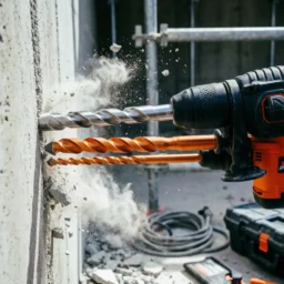 Broca SDS Plus perforando pared de hormigón con partículas de polvo