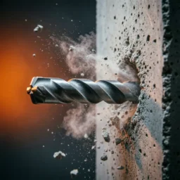 Brocas para pared perforando hormigón con partículas de polvo en acción
