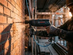 Taladro percutor de cable en uso profesional perforando pared de hormigón